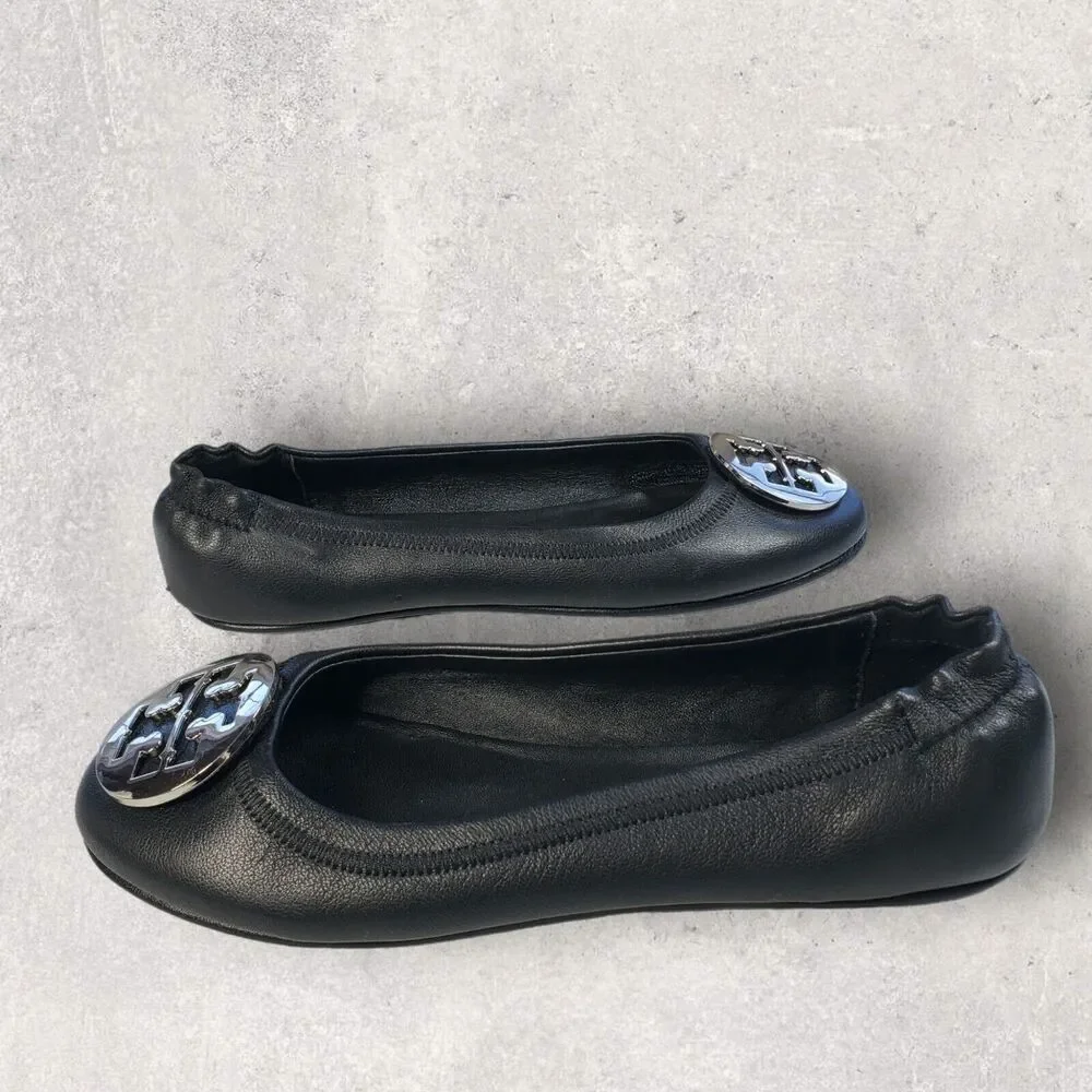 Tory Burch Womens Black Leather Shoes Size 5 Logo Minnie Travel Ballet Flats